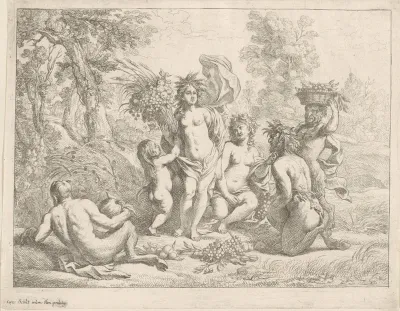 Ceres in een landschap, in het gezelschap van drie saters