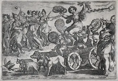 Ceres on a chariot with children representing the months March, April and May, surrounded by forms of natural abundance, corybantes and cherubs, symbolising the element earth