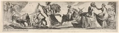 Ceres sows seeds and walks behind a goat-drawn plough, at right a man draped with a lion skin grasps a woman's garment and a female satyr receives an embrace from another figure, from a series of twelve frieze-like designs showing bacchanals, sacrifi