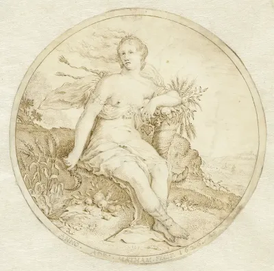 Ceres zittend met een hoorn des overvloeds en een sikkel