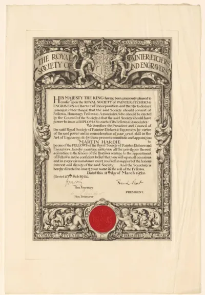 Certificaat van het lidmaatschap toegekend aan Martin Hardie bij de Royal Society of Painter-Etchers and Engravers