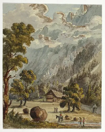 Chalet and Garden below Alps (recto); Village & Glacier du Boissons, Chamix (verso)