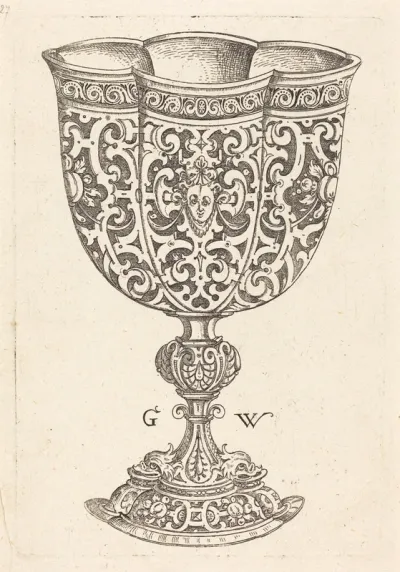 Chalice with six embossings, base decorated with two dolphins