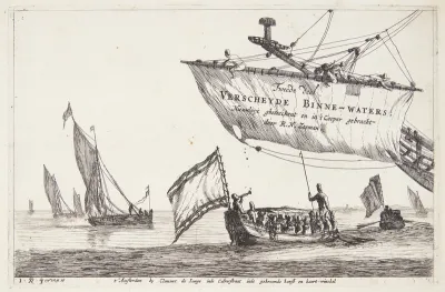 Chalupper og sejlbåde på stille vand. Titelblad til Indre farvande (Verscheyde Binne-Waters)"