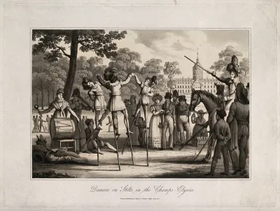 Champs-Elysées, Paris: people are dancing on stilts to the music of the drum and the violin, watched by passers-by