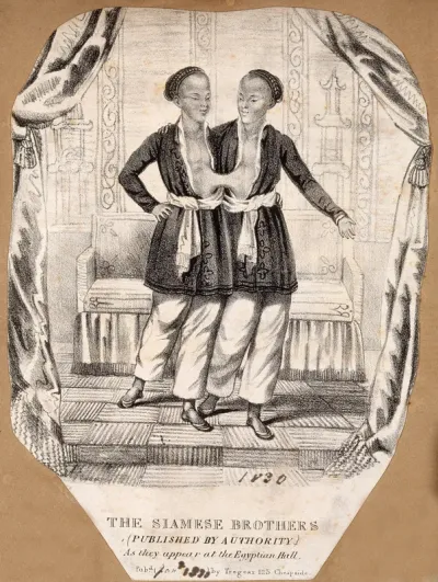 Chang and Eng the Siamese twins, in an oriental setting
