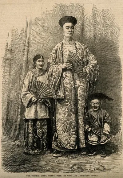 Chang Yu-sing the Chinese giant, with his wife, King-Foo and Chung Mow, a dwarf