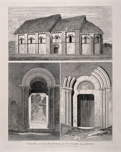 Chapel of St. Julian, Le Petit-Quevilly, near Rouen: with details of the doorways. Etching by J.S. Cotman, 1820