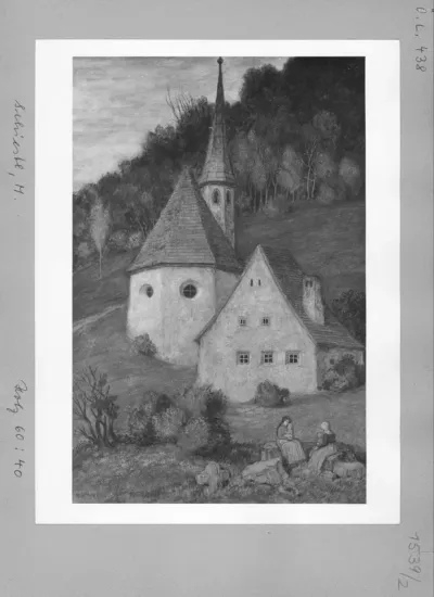 chapel with house and figures
