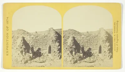 Characteristic ruin, of the Pueblo San Juan, New Mexico, on the north bank of the San Juan River, about 15 miles west of the mouth of Cañon Largo. The present race of Indians know nothing of when or by whom these buildings were constructed. The ruin 