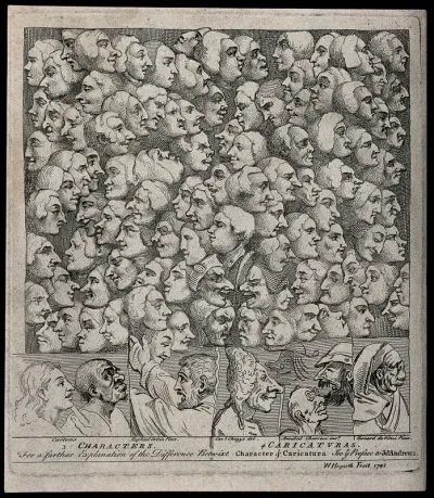 Characters and caricatures; the idealized heads of Saint John and Saint Paul are contrasted with grotesque heads, above them rises a cloud of faces showing different expressions