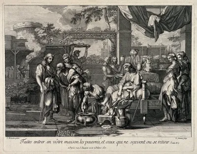 Charity being given to poor hungry beggars by a rich household