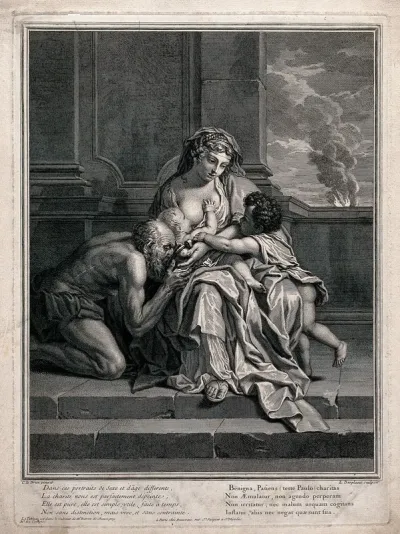 Charity breastfeeding a baby, a child and an elderly man by her side