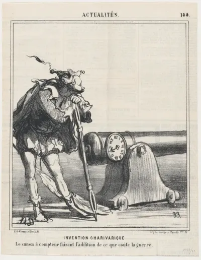 Charivari invention: A cannon equipped with a counter adding the costs of war, from 'News of the day,' published in "Le Charivari"