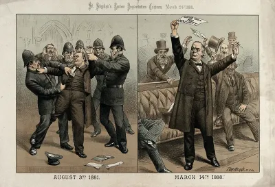 Charles Bradlaugh being arrested by the police in 1881 for refusing to take the oath as a Member of Parliament, and subsequently rejoicing at the passage of his Oaths Bill in 1888
