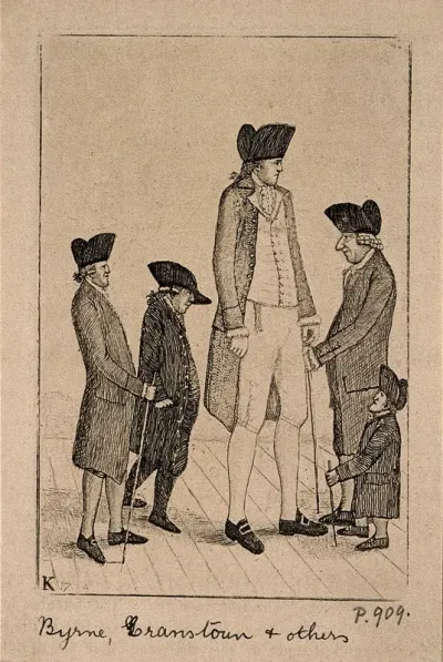 Charles Byrne, a giant, George Cranstoun, a dwarf, and three other normal sized men