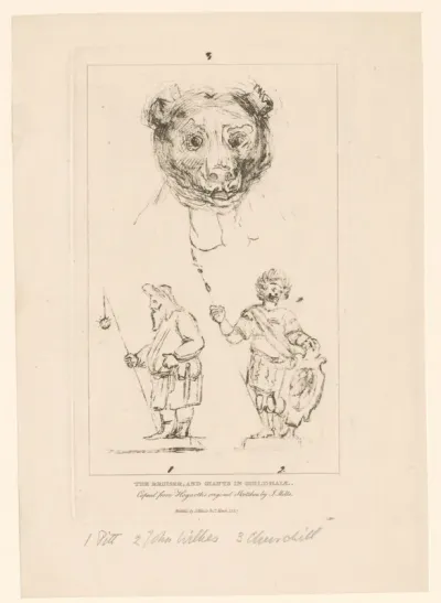 Charles Churchill als beer en twee beelden van Gog en Magog uit de Guildhall in Londen