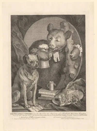 Charles Churchill als beer met links een mopshond
