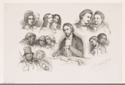 Charles Dickens te midden van figuren uit David Copperfield