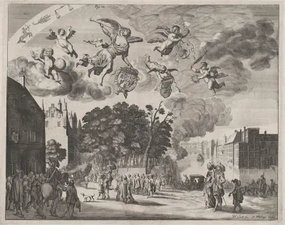 Charles II entering The Hague in a carriage with the Mauritshuis on the right, from "Verhael van de Reys van Carel II, Coning van Groot-Brittannië, in Hollandt van 25 Mey tot 2 Junij 1660"