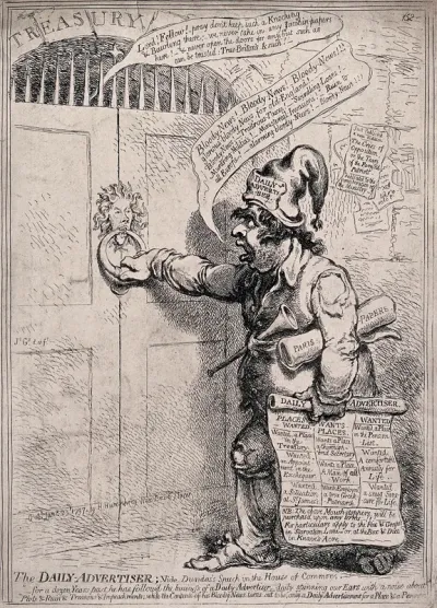 Charles James Fox as a newsboy delivering newspapers to the Treasury, spreading panic and advertising his suitability for a government post