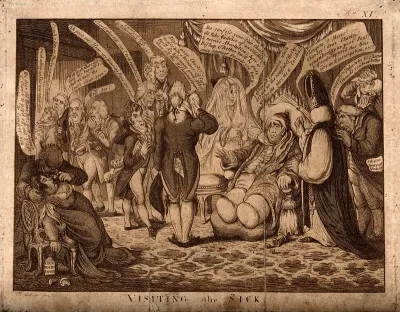 Charles James Fox, dangerously ill, visited by an entourage of interested factions; representing the social and ministerial conflict surrounding him