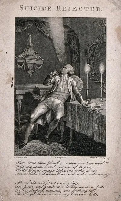 Charles James, seated at his desk with candles burning, contemplating suicide, holds a pistol to his mouth