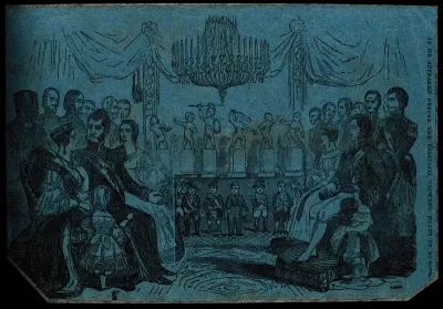 Charles S. Stratton, a dwarf known as General Tom Thumb, before Europe's monarchs. Wood engraving by E. Evans