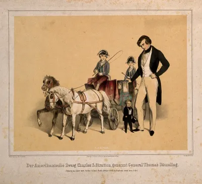 Charles S. Stratton, a dwarf known as General Tom Thumb, standing by his carriage. Coloured lithograph by C. Sicker after F.Grenier