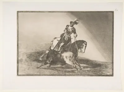 Charles V spearing a bull in the ring at Valladolid, plate 10 from "La Tauromaquia"