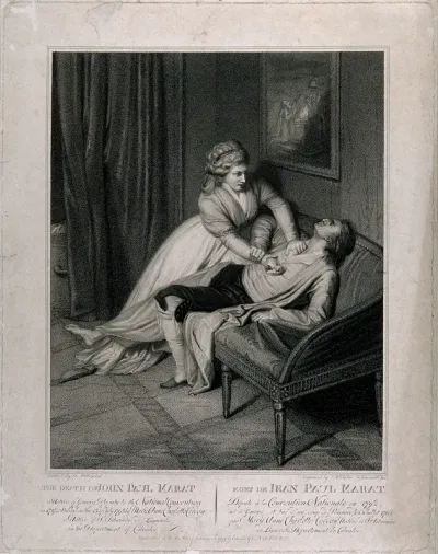 Charlotte Corday stabbing Marat on a settee