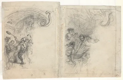 Chef Tossing Pancakes and Group of Four Men [verso]