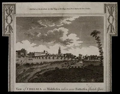 Chelsea Old Church and bridge: viewed from Battersea on the Surrey bank with boats on the river