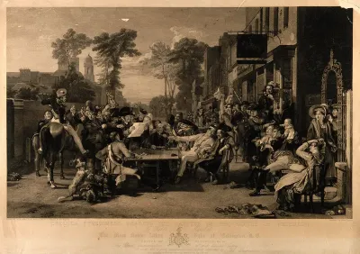 Chelsea Pensioners hearing the news of the battle of Waterloo, outside the Duke of York public house