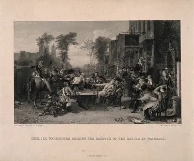 Chelsea Pensioners hearing the news of the battle of Waterloo, outside the Duke of York public house
