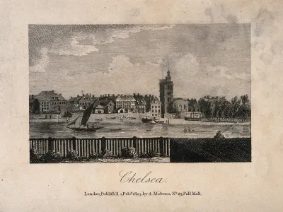 Chelsea viewed from the Surrey bank with boats on the river