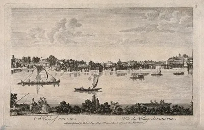 Chelsea: viewed from the Surrey bank with boats on the river