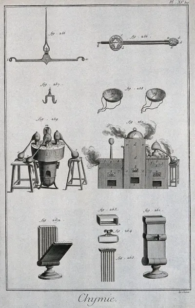 Chemistry: a balance (top), distillation (centre), and casting (below)