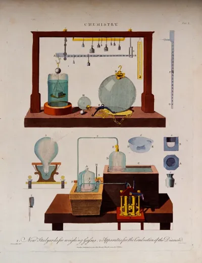 Chemistry: weighing apparatus (top), evacuated [?] glass bulb for combustion with sunlight (below)