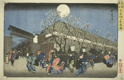 Cherry Blossoms at Night on Nakanocho in the Yoshiwara (Yoshiwara Nakanocho yozakura), from the series "Famous Places in the Eastern Capital (Toto meisho)"