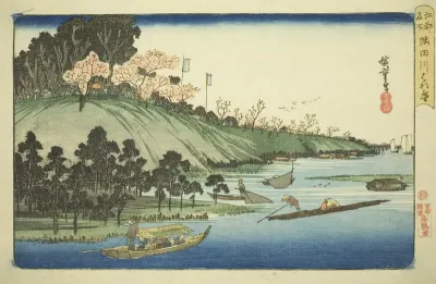 Cherry Blossoms in Full Bloom along the Sumida River (Sumidagawa hanazakari), from the series "Famous Places in Edo (Koto meisho)"