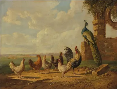 Chickens and Peacock in a Landscape