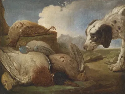 Chien de chasse reniflant des oiseaux