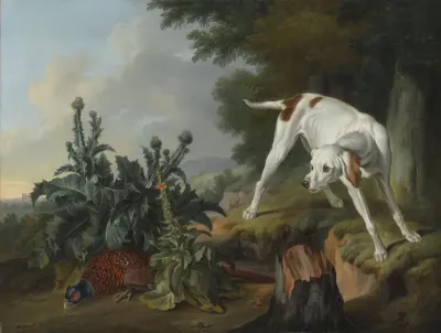 Chien pointer à côté d'un faisan dans un paysage