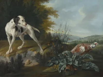 Chien pointer posant devant un faisan et une perdrix