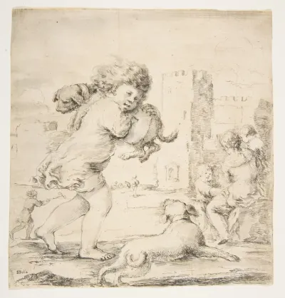 Child Carrying a Puppy on his Shoulder