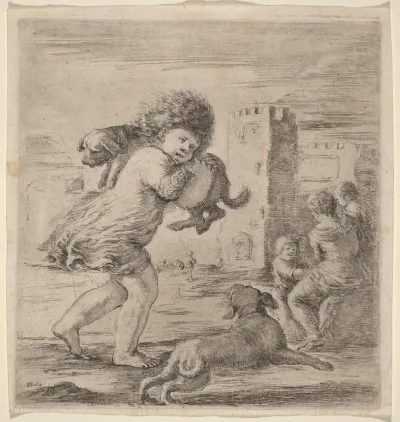 Child Carrying a Puppy