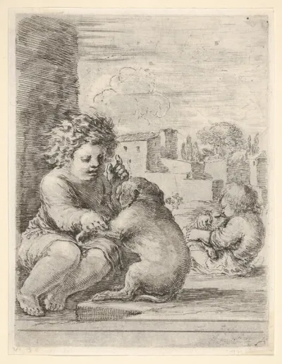 Child teaching a dog to sit, the child seated to left against a wall, teaching the dog to sit on its hind legs, another child embracing a dog to right in the background