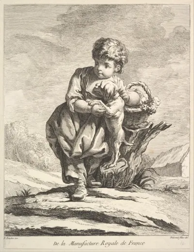 Child with a dog, holding a basket of grapes, from "Premier Livre de Figures d'après les porcelaines de la Manufacture Royale de France, inventées en 1757, par Mr. Boucher" (First Book of Figures after porcelains from the Manufacture Royale de France