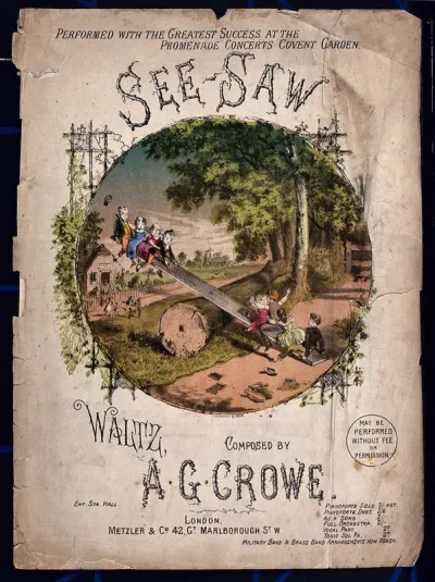 Children are rushing out of school to play on the see-saw, their books and caps are on the ground